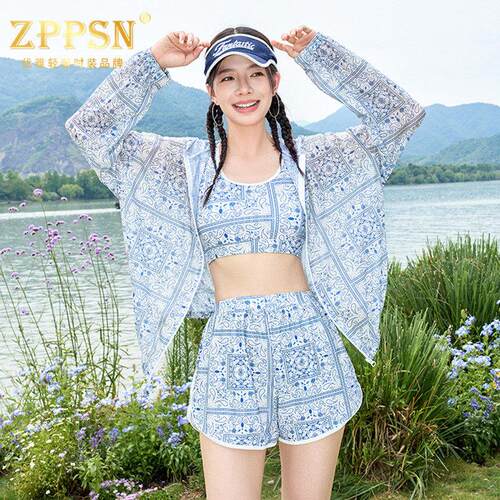 轻奢品牌ZPPSN泳衣女2025新款夏防晒长袖遮肚显瘦分体罩衫三件套