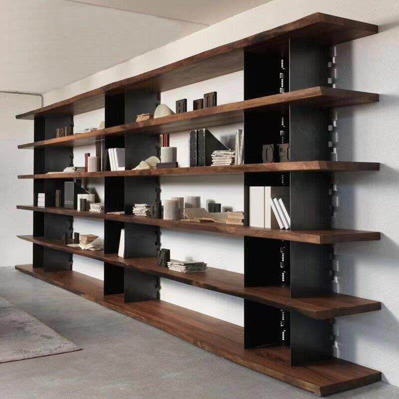 实木客厅书架落地办公室多层原木置物架工业风背景展示架陈列厂家