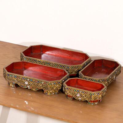 东南亚形风格实木八关纳边托盘KRR客厅玄桌面收置物盘水果干果果