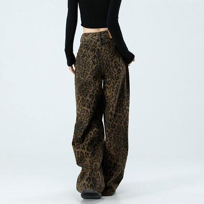 Rise Straight Leopard Print Jeans Seasons Women Fashionable