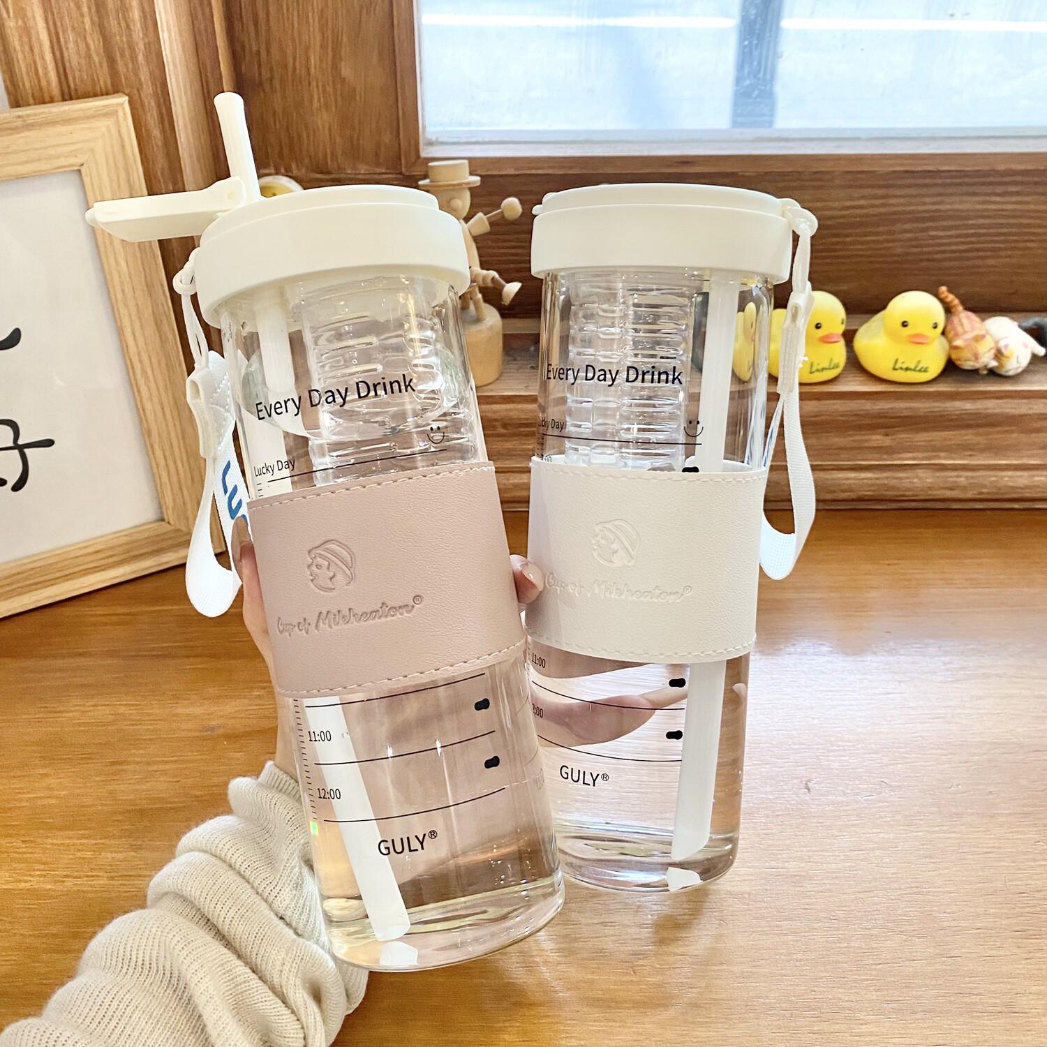 饮水吸管杯玻璃杯耐温水杯女新夏茶水分离大容量杯子