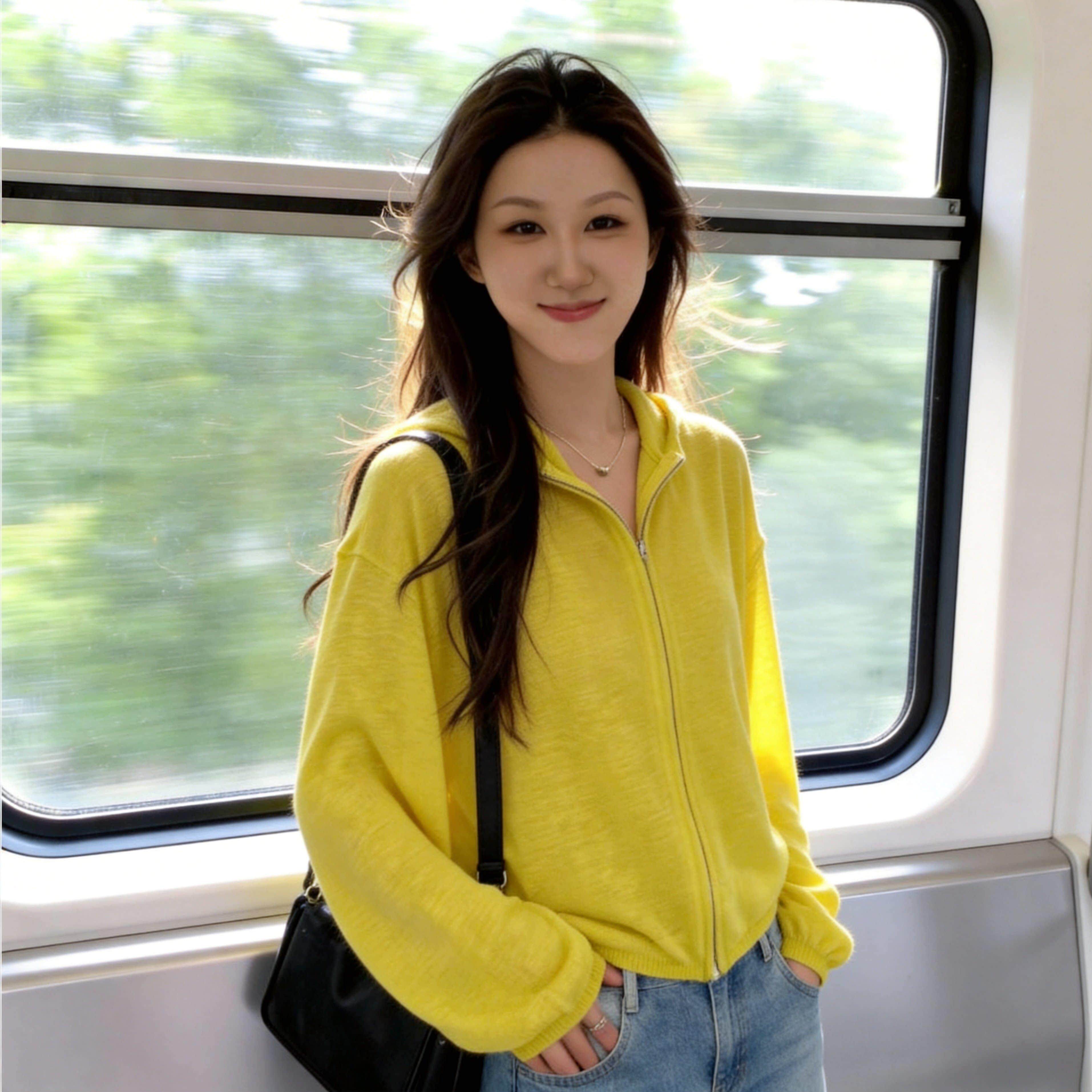 韩版亮黄色薄款连帽拉链针织开衫女2026春夏巨好看时尚防晒短外套