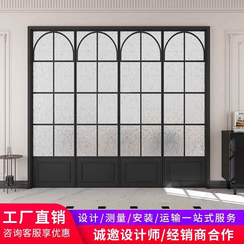 法式复古玻璃门厨房阳台客厅三联动拉门海棠花隔断移门化妆室门图片