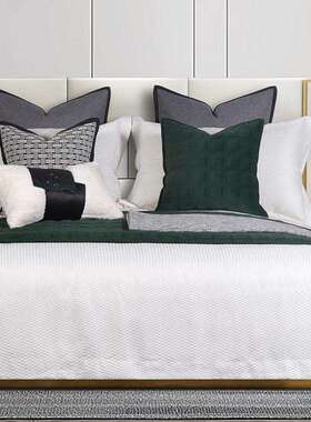 轻奢极简样板间床品灰白绿色系家具展厅多件套样板间床上用品搭配