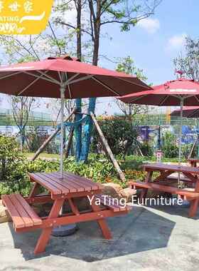 室外塑木连体桌椅休闲共户外桌椅带伞酒店区YT-353B合餐桌椅组公