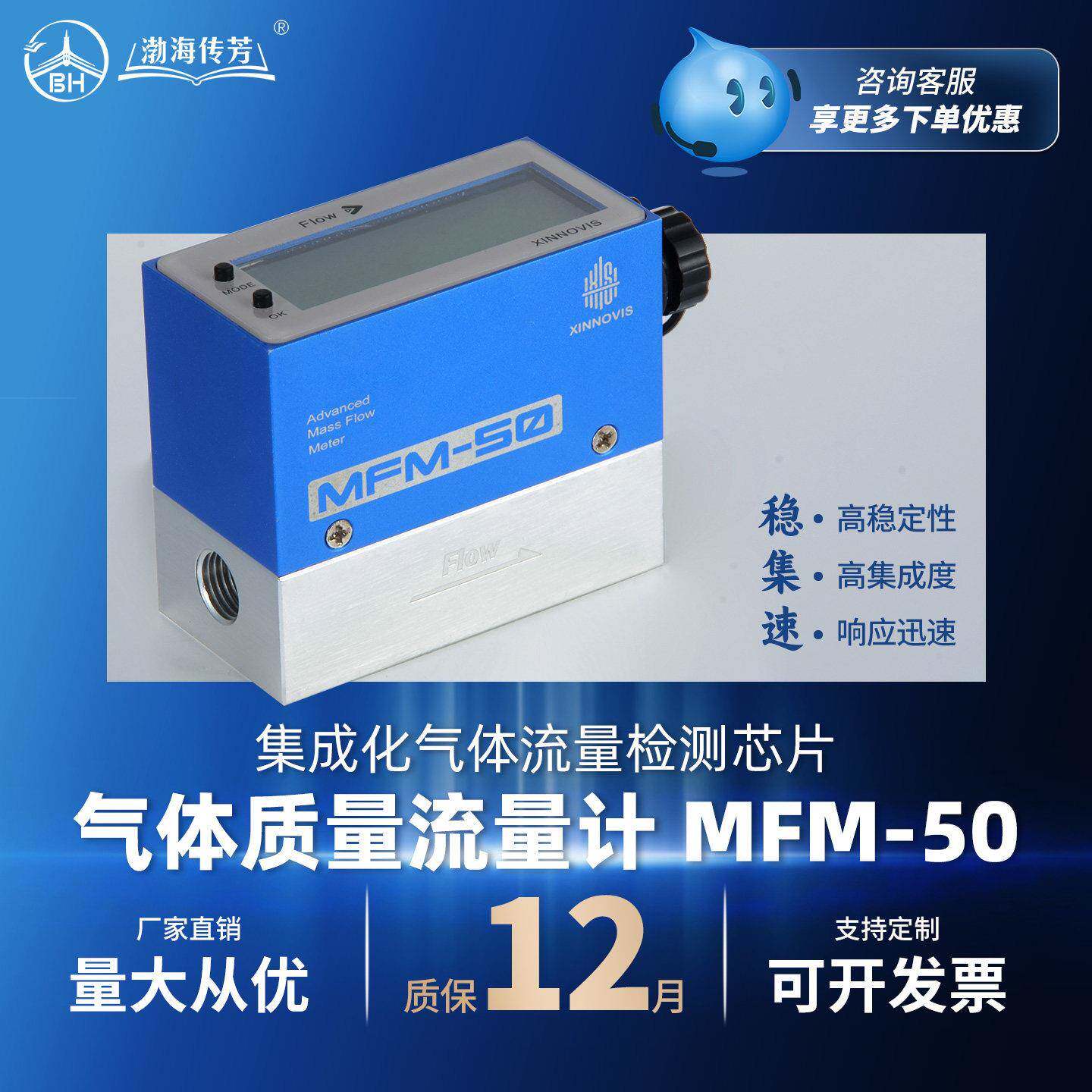 青岛芯笙MFM50热式气体质量流量计数显型高精度空氮氧气甲烷
