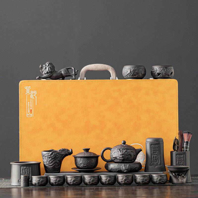 高端新款紫砂壶功夫茶具家用中式陶瓷泡茶壶茶杯子浮雕龙纹整套