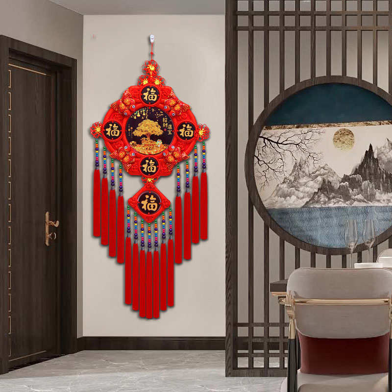 灯笼五福中国结挂件玄关背景墙挂饰桃木福字大号装饰招财招财壁挂