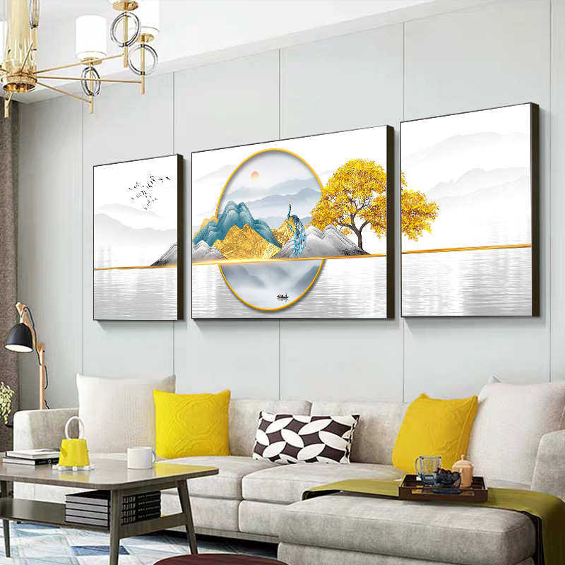 轻奢客厅沙发后面的背景墙装饰画大气三联组合现代简约挂画墙壁画