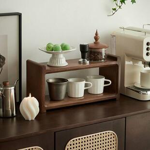 实木桌面收纳茶杯架中古风黑胡桃木双层茶具收纳层架咖啡杯架展示