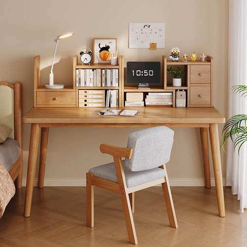 实木书桌书架一体家用卧室靠墙办公桌子简约现代小型电脑桌工作台