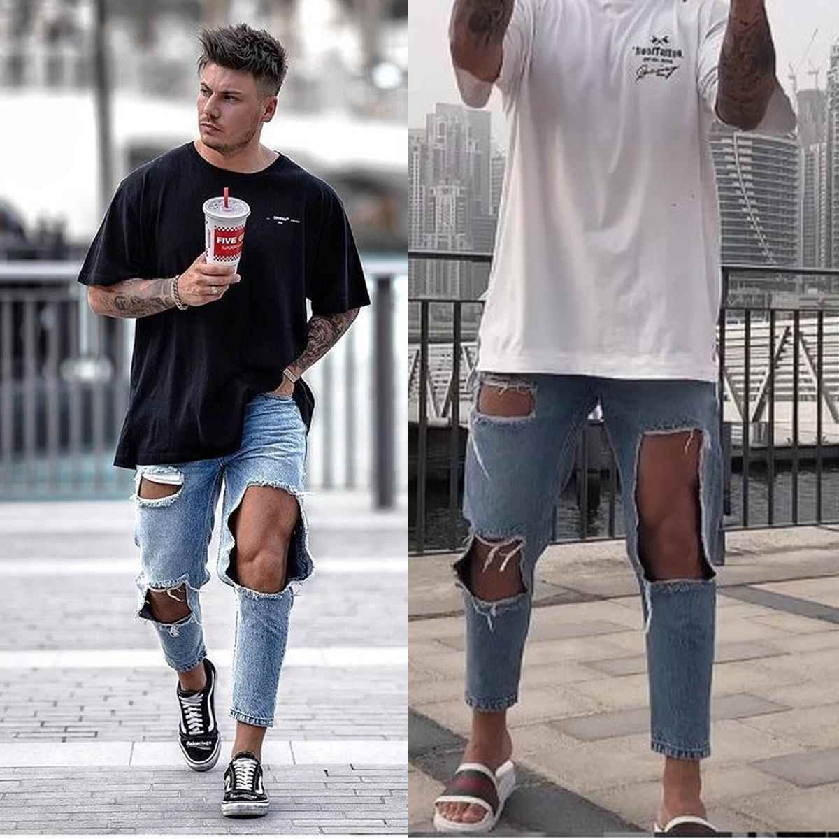 Fashion jeans pants with holes trousers skinny big Mens
