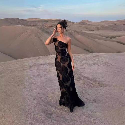 Burnt flower suspender slanted shoulder flower long skirt