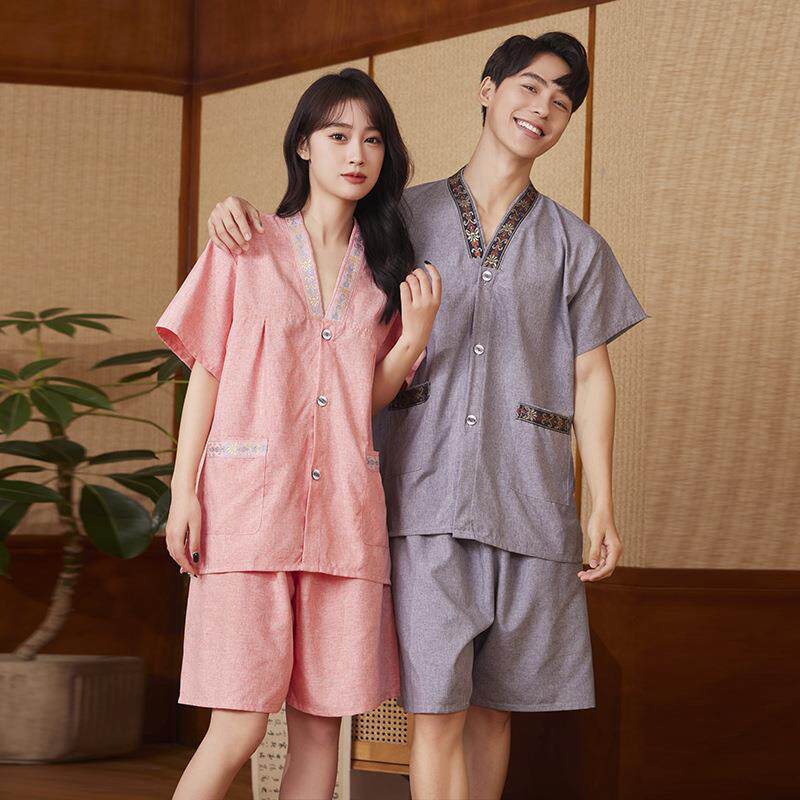 女胸部双层棉麻汗蒸服男大码情侣套装洗浴中心浴服桑拿服透气