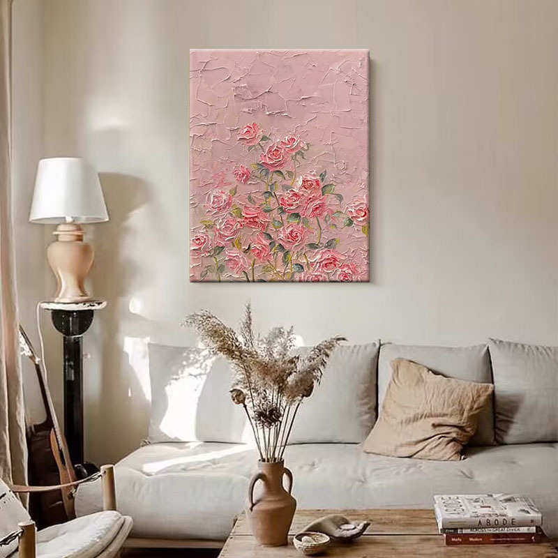 纯手绘油画粉色玫瑰花客厅卧室装饰画立体石英砂肌理画儿童房挂画