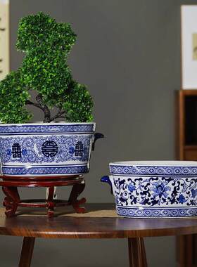 景德镇陶瓷花盆青花瓷树盆喜字双耳鱼缸兰花绿植花卉中国风大口径