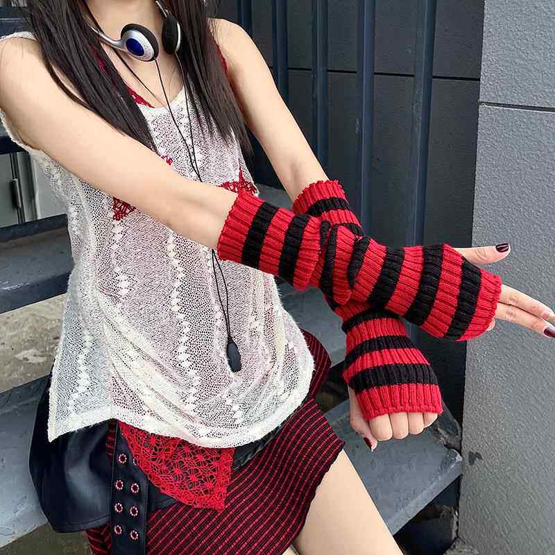 朋克暗黑原宿条纹露指袖套jk手袖y2k辣妹千禧亚文化电竞少女手套
