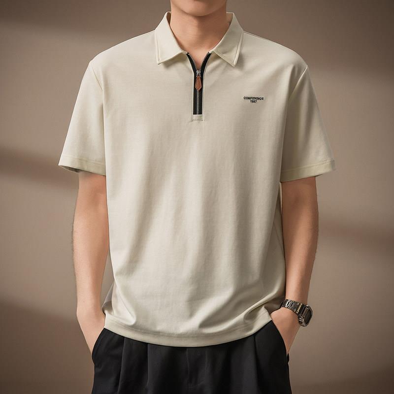 HS夏季美式香草白华夫格绣花Polo衫男2026年半拉炼重磅短袖五分袖
