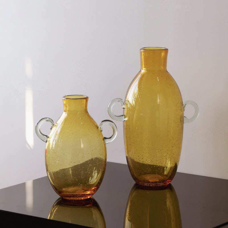 爆款新款琥珀色双耳提手玻璃花瓶清新家居设计师小众实用水培