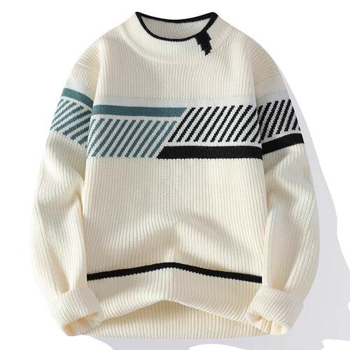 Men's round neck color blocked pullover sweater, knitted