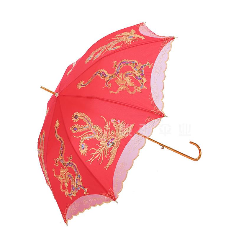新款蕾丝新娘伞防晒晴雨伞遮阳婚庆长柄伞绣花结婚红伞厂家