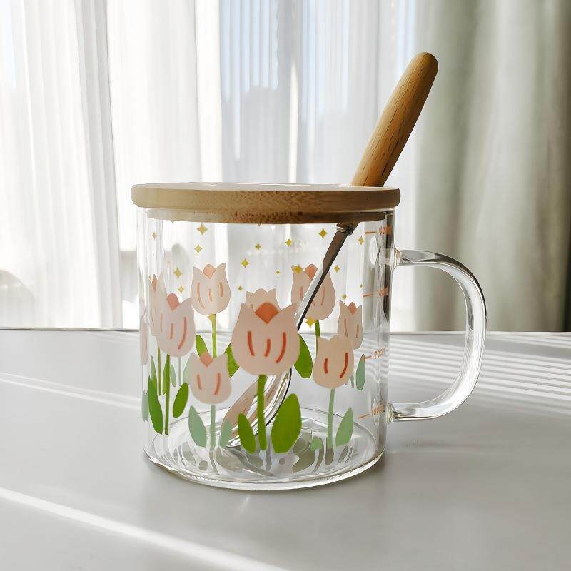 带刻度水杯夏季高级感花茶杯办公室杯子女ins可爱早餐玻璃杯带盖