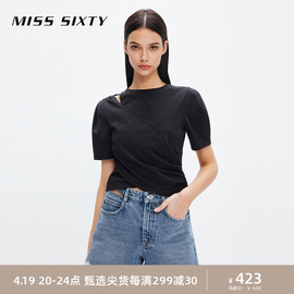 Miss Sixty2023秋季T恤女黑色短袖褶皱设计露肩性感百搭纯棉
