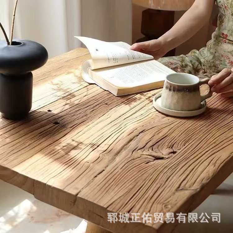 侘寂风老榆木咖啡桌实木奶茶店复古茶桌椅组合民宿原木休闲小方桌