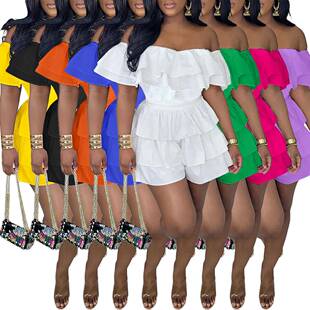 Women's Plain Tiered Layer Ruffle Off Shoulder Short Romper