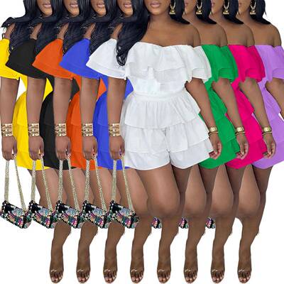 One Shoulder Layered Ruffle Jumpsuit, Sweet Style Elastic Wa