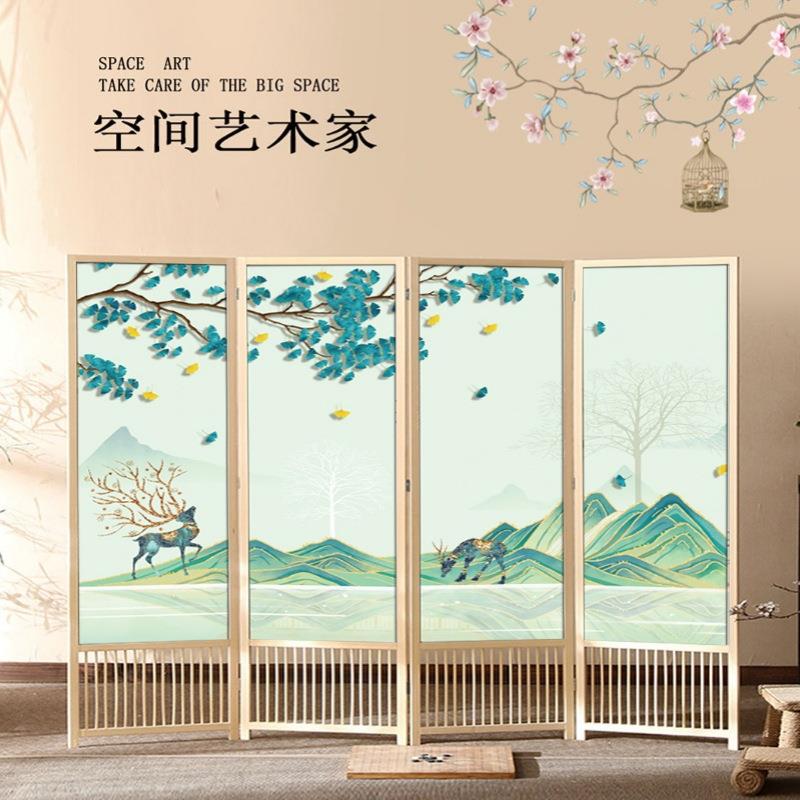 现代叠中式实木可折移动家馆用屏风隔断客卧室书房下镂空屏厅酒店