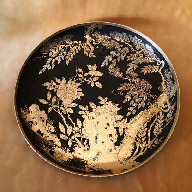 黑漆描金藤萝纹漆器圆盘木质贴金箔漆画多彩漆盘文创馆漆工艺展品