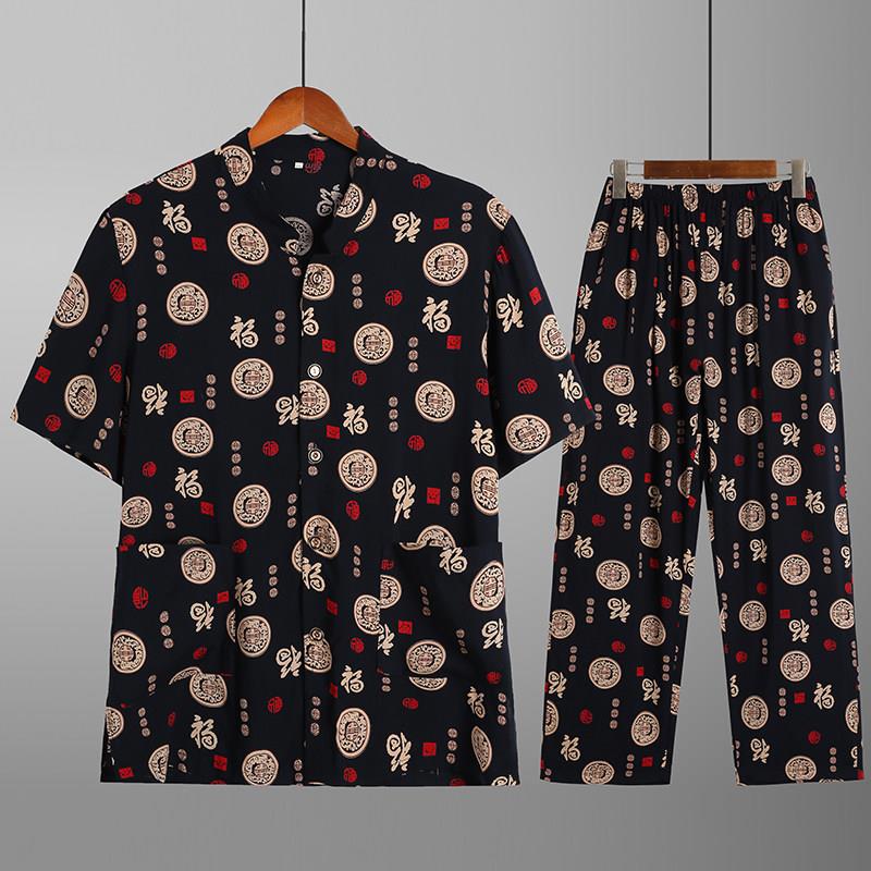 父亲棉绸睡衣夏季开衫爸爸家居服薄款中老年人造棉绵绸短袖套装男
