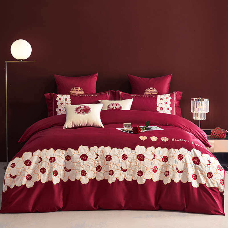 高级感婚庆四件套100支长绒棉全棉纯棉新婚床上用品4/6七件套酒红,床上用品,婚庆床品套件,淘宝优惠券,粉丝福利购,淘宝优惠卷