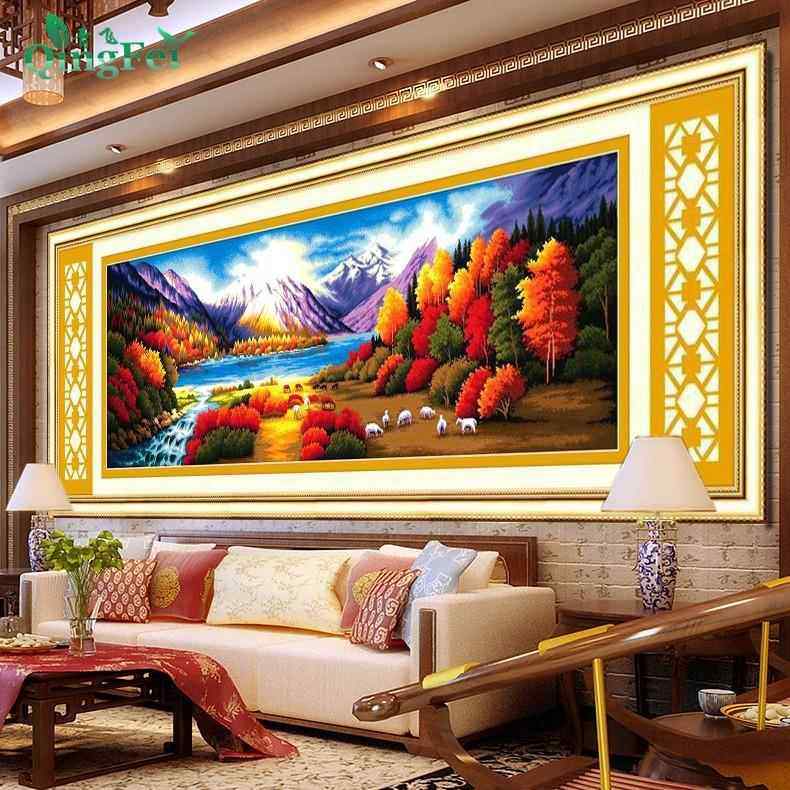 秋色伊人十字绣大幅客厅风景枫树金色富锦富士山线绣有钻石画