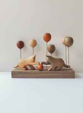 软萌治愈系 实木气球 朦胧猫木制手作氛围玄关车载装饰 桌面摆件