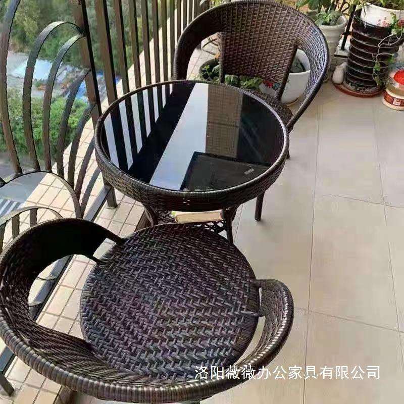 简易阳台小茶桌家用小户型喝茶桌客厅藤编小茶几桌椅组合玻璃圆形