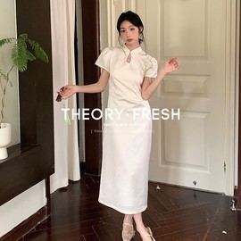 THEORY FRESH新中式复古气质露肩高腰短袖提花连衣裙子2024春夏新