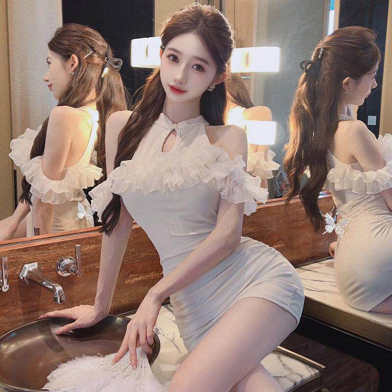 直播主播服装新中式超仙年轻款少女性感露肩挂脖旗袍改良版连衣裙