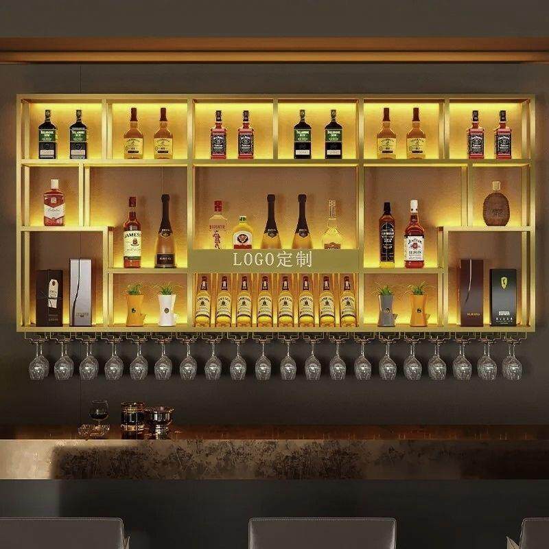 创意铁艺酒吧酒架酒柜墙上置物架带灯展示柜壁挂式酒架商用一体