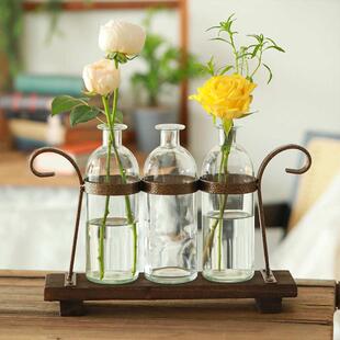 办公玻璃容器收口花瓶水培插花装饰品桌面铁架美式摆件中创意室内