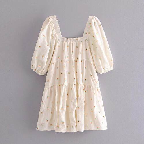 Women's square neck floral print short sleeved mid length
