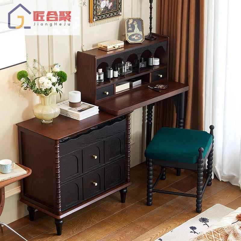 中古实木梳妆台家用女生卧室法式化妆台设计师床头斗柜一体梳妆台