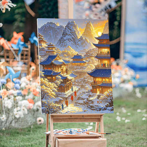 古风建筑雪景雪景数字油画2025新款手工手绘填充丙烯油彩解压画画