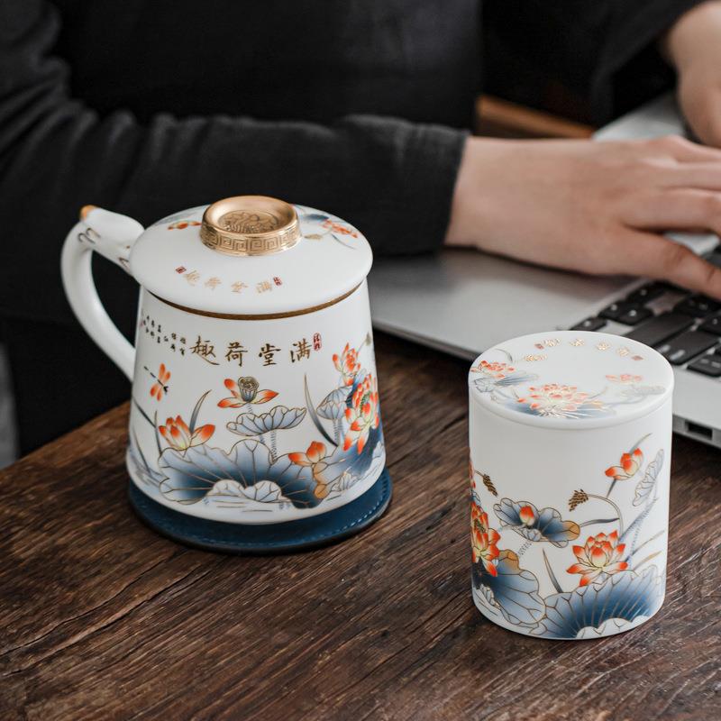 中式高档茶杯办公杯过滤陶瓷带盖马克杯办公室泡茶杯子教师节送礼