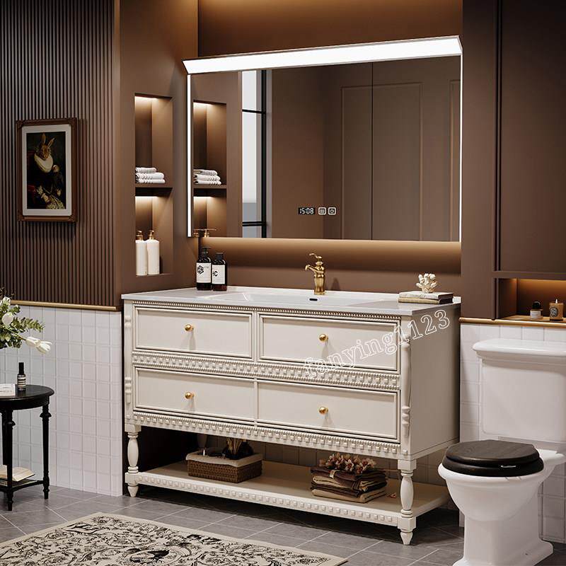 法式覆古浴室柜组合落地式化妆室洗漱台洗手盆柜浴柜陶瓷一体盆