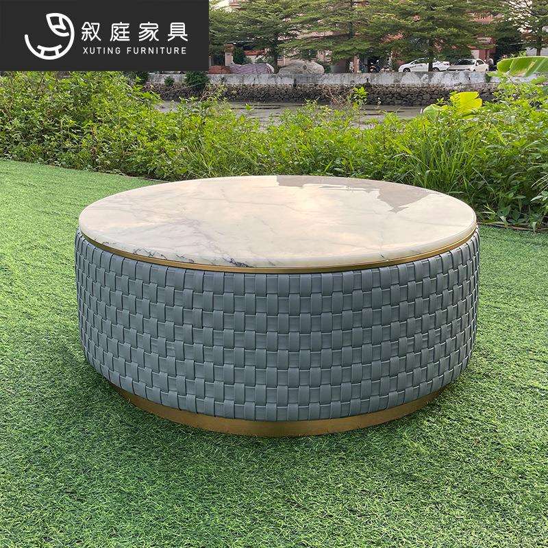 室内客厅轻奢圆形大小茶几户外花园庭院外摆大理石编织茶桌台组合