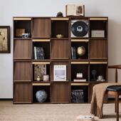 三又木半墙书柜自由组合柜黑胡桃色带门格子柜落地储物收纳餐柜