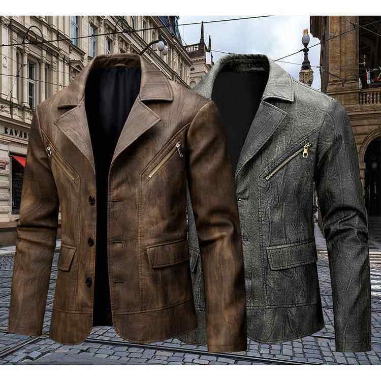 潮牌大码西装款真皮皮衣男春秋季新款痞帅风覆古机车皮夹克薄外套
