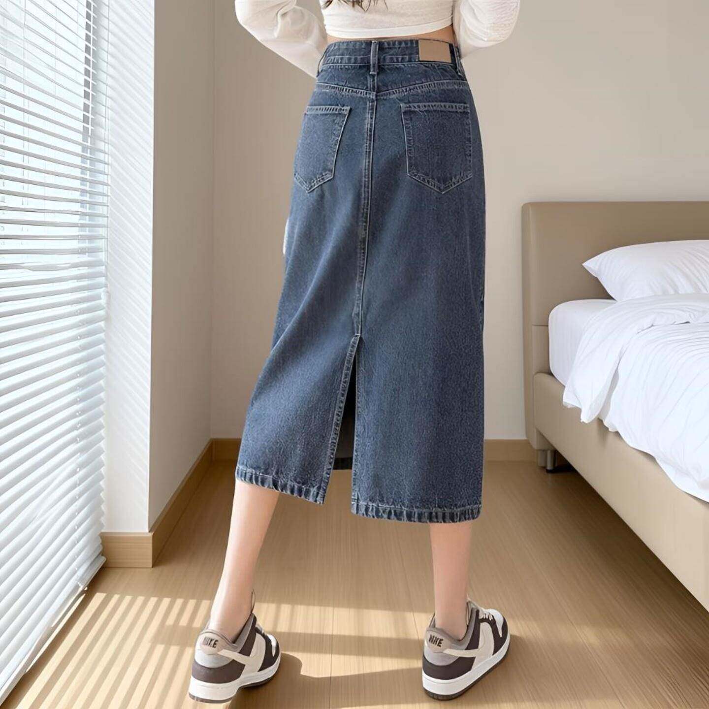 半身裙女夏季新款小个子穿搭高腰a字后开叉包臀裙中长款牛仔裙子